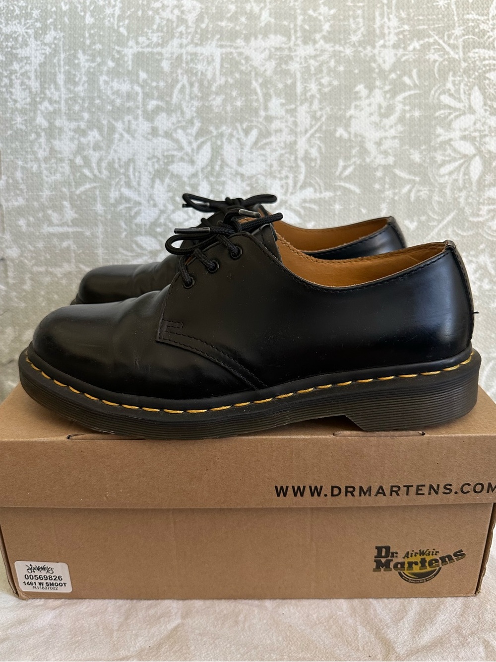 Dr. Martens Black Leather 3-Eye Oxford with Yellow Stitching